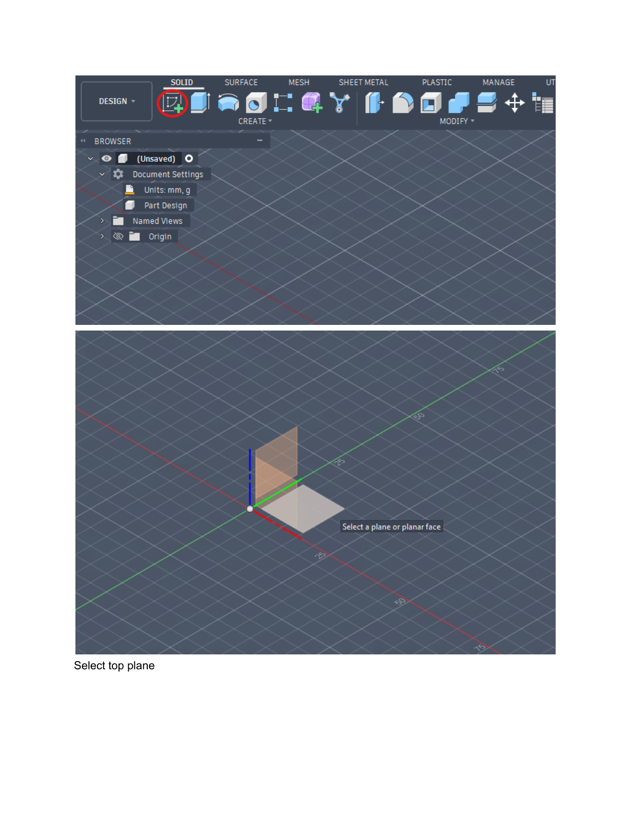 Selecting the Top plane and starting a sketch in Fusion 360