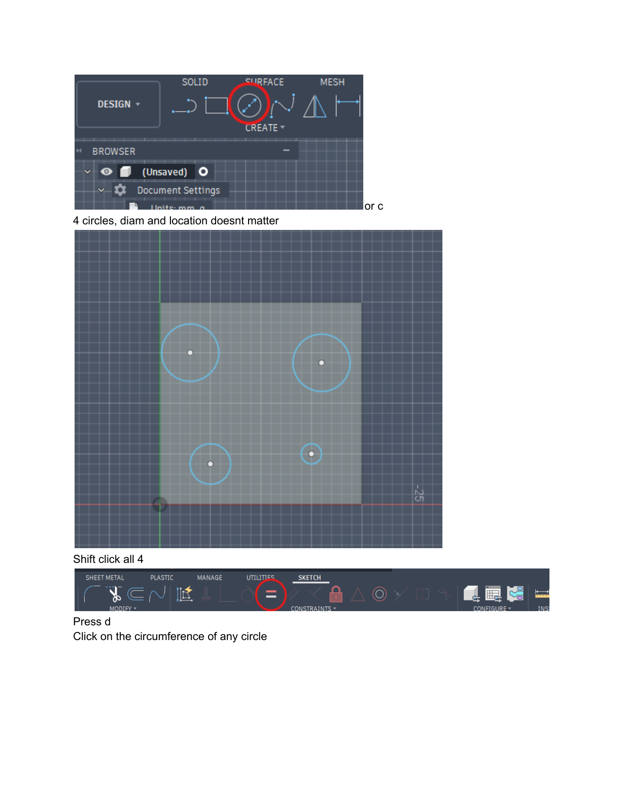 4 stud circles sketched and dimensioned on the top face